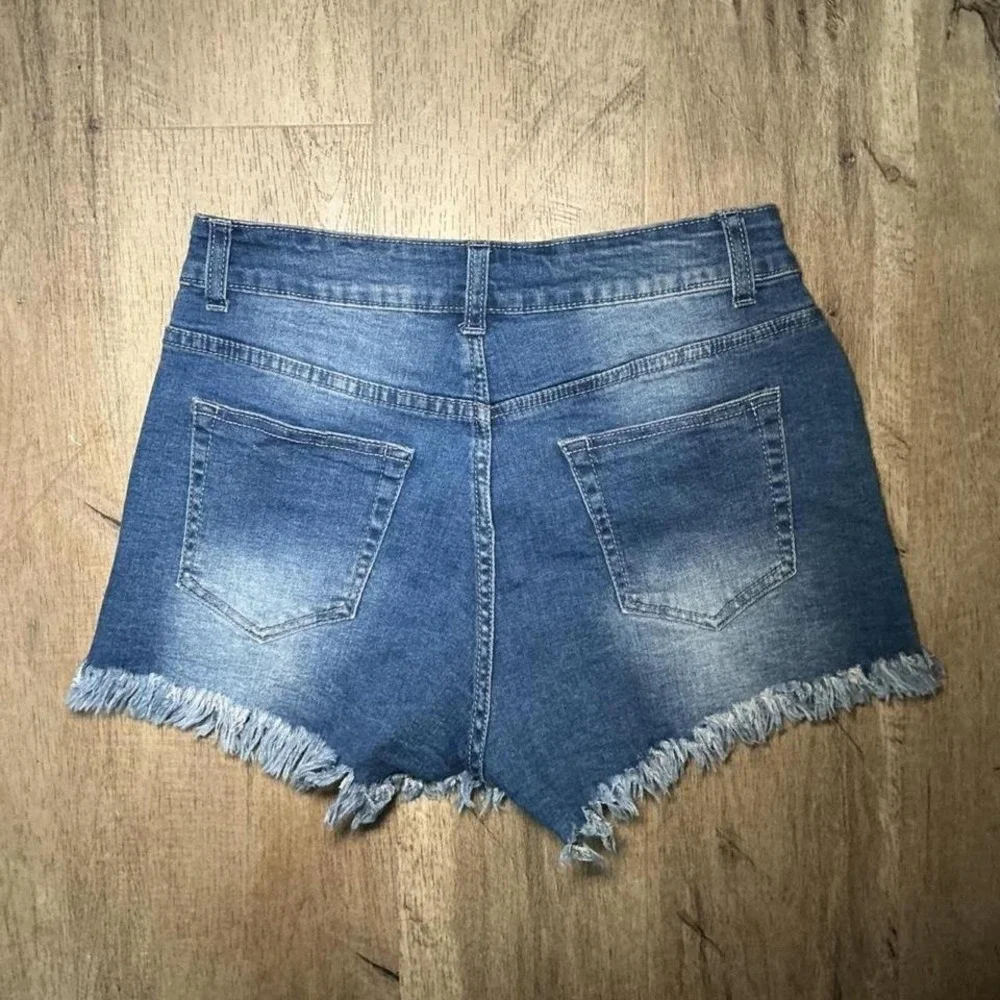 Unbranded Blue Denim Mini Skirt Frayed Hem Button Fly Size S Cutoff Y2K‎ Summer